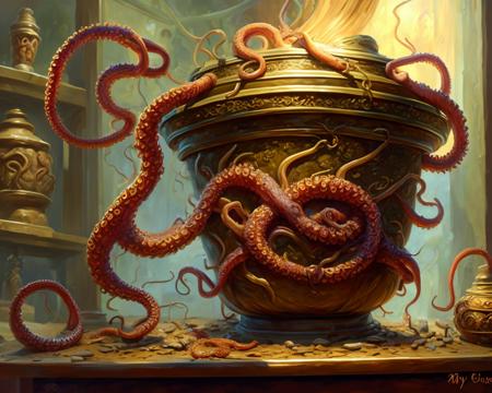 00798-364808235-oil painting of an tentacles emerging from the open lid of a (mythos urn_1.3) sitting in a glass display case box in a museum, r.png